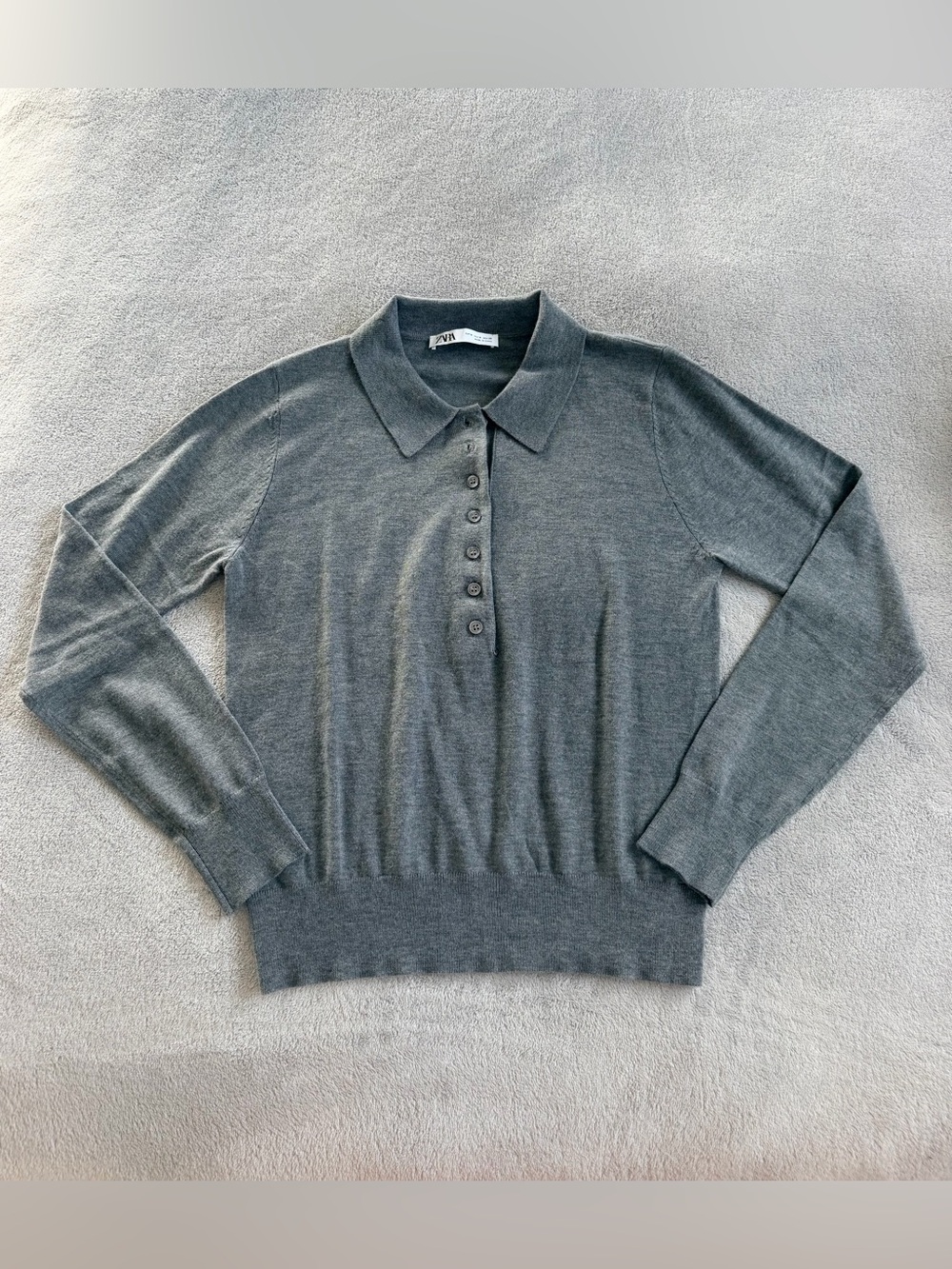 Zara Grey Long-Sleeve Polo Sweater Top Size M